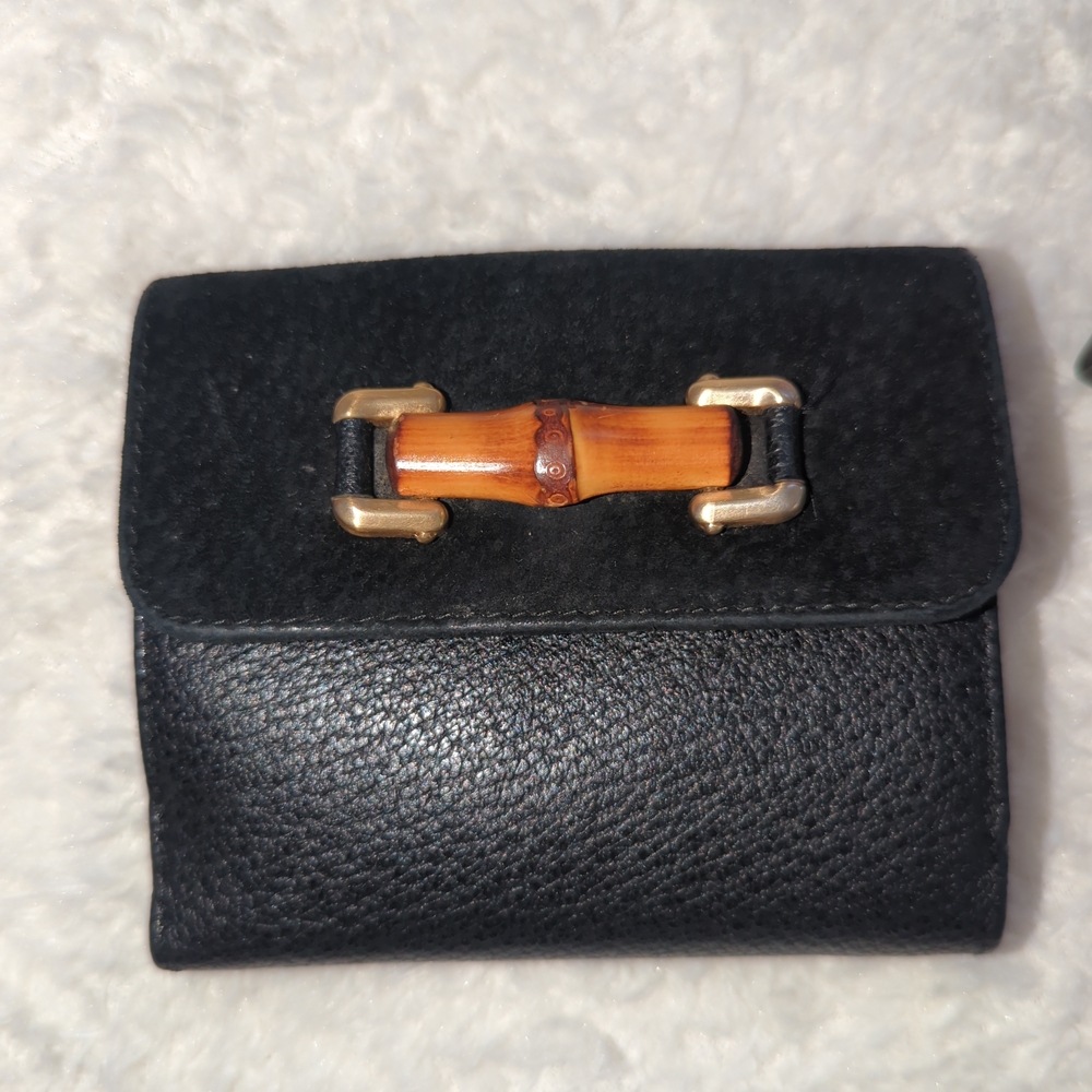 Gucci Black Leather Suede Bi Fold Wallet Bamboo Horsebit Authentic W/ Box + Tote - Picture 2 of 5